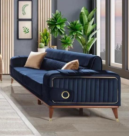 Luxus Blaue Couch Dreisitzer Design Sofas Möble Stoff Textil Samt
