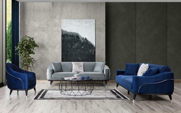 Sofagarnitur 3+3+1 Sitz Sofas Polster Couchen Holz grau blau Samt