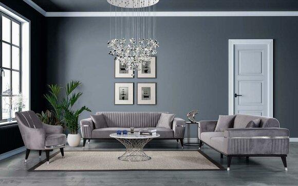 Sofagarnitur 3+3+1 Sitzer Sofa Sofas Sessel Stoff Holz Graue Couchen