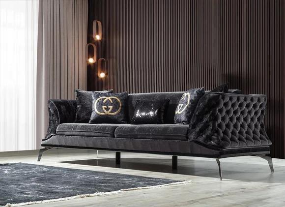 Sofa 3 Sitz Polster Möbel Dreisitzer Couchen schwarz Holz mit Metall