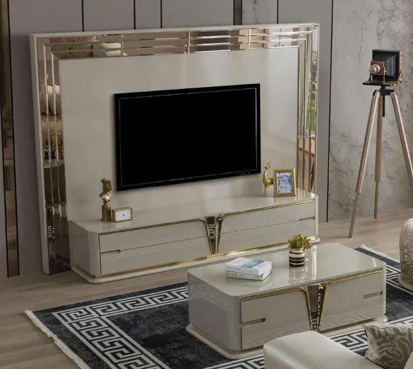 TV Ständer RTV Lowboard Sideboard Wohnzimmer Gold Beige Luxus Holz