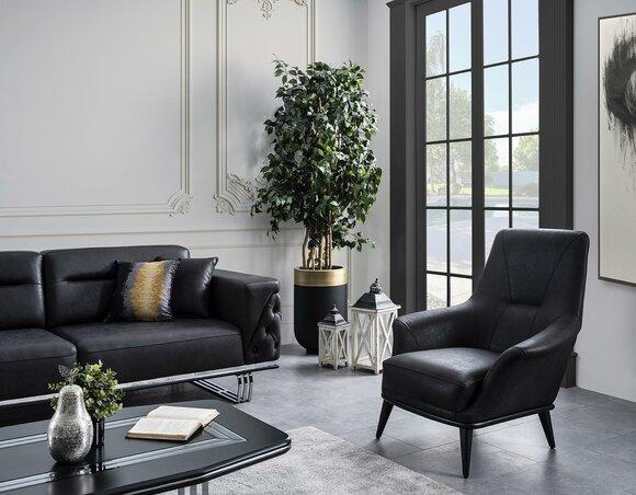 Luxus Sessel Ohrensessel Cocktailsessel Kunstleder Polyester Schwarz