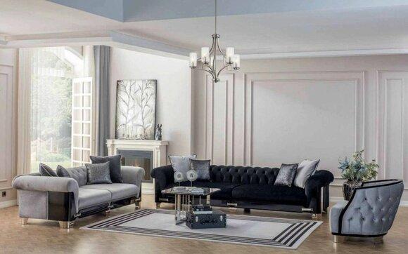 Komplette Couchgarnitur Sofagarnitur Sofa Sitzer Stoff Grau Schwarz