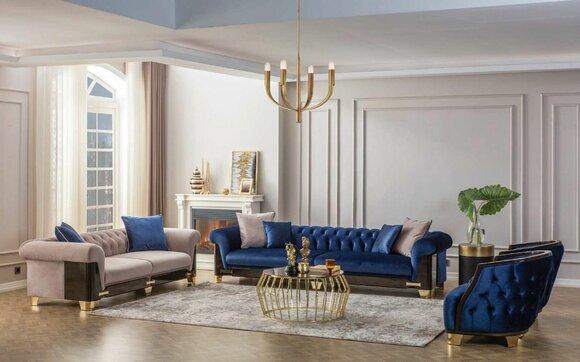 Chesterfield Sofagarnitur 4-3-1 Sitzer Sofas Sessel Stoff Blau Luxus Neu