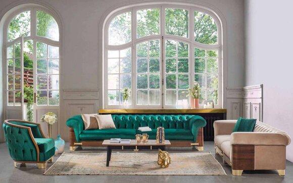 Chesterfield Sofagarnitur 431 Sitzer Sofas Sessel Stoff Luxus Neu