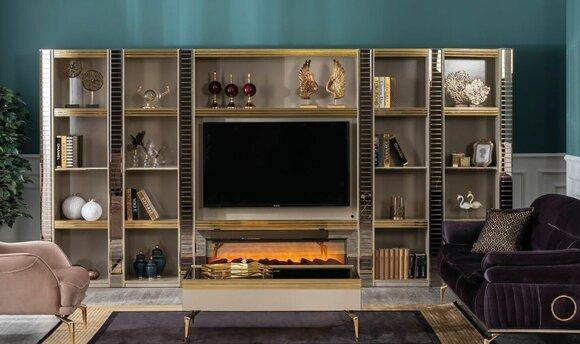 Wohnzimmer Wonwand Holz Luxus Garnitur neu Stil Modern Luxus Beige