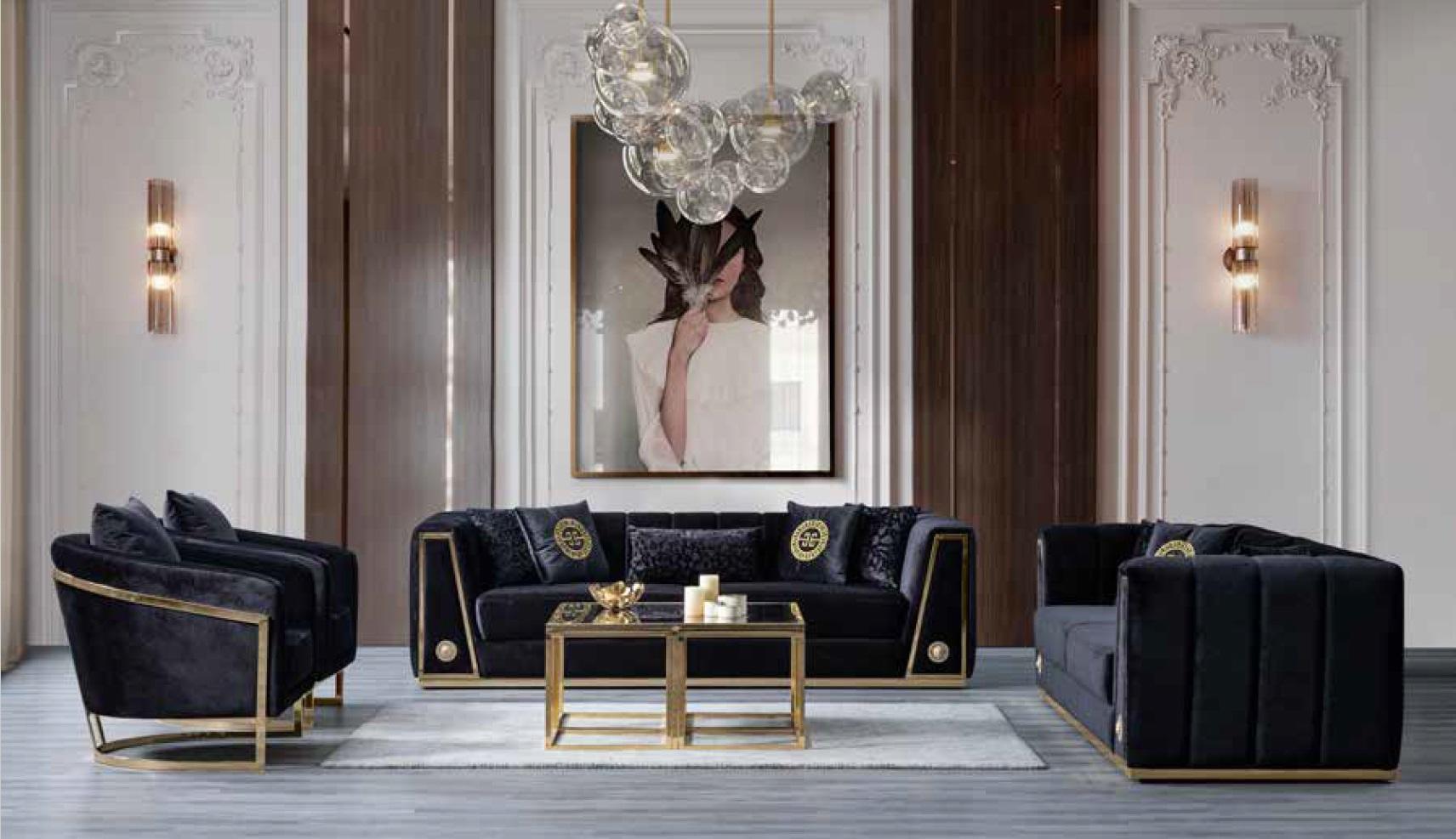 Luxuriöse Schwarze Sofagarnitur Moderne Dreisitzer Sessel Sofasessel