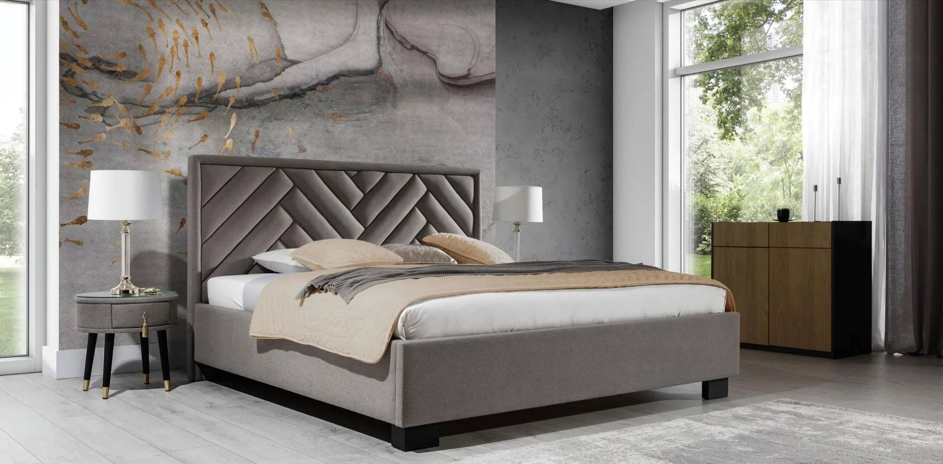 Schlafzimmer Set Grau Bett Holz 2x Nachttische Elegantes Modern 3tlg.