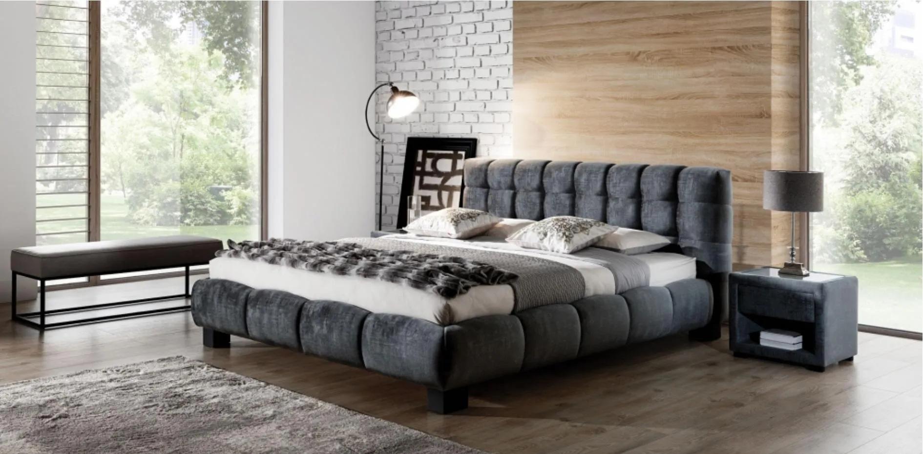 Schlafzimmer Set Blau Bett Holz 2x Nachttische Elegantes Stil 3tlg.