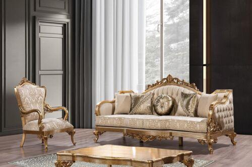 Goldene Couch Klassische Sofagarnitur Polster Möbel 3+1 Couchtisch Stoff