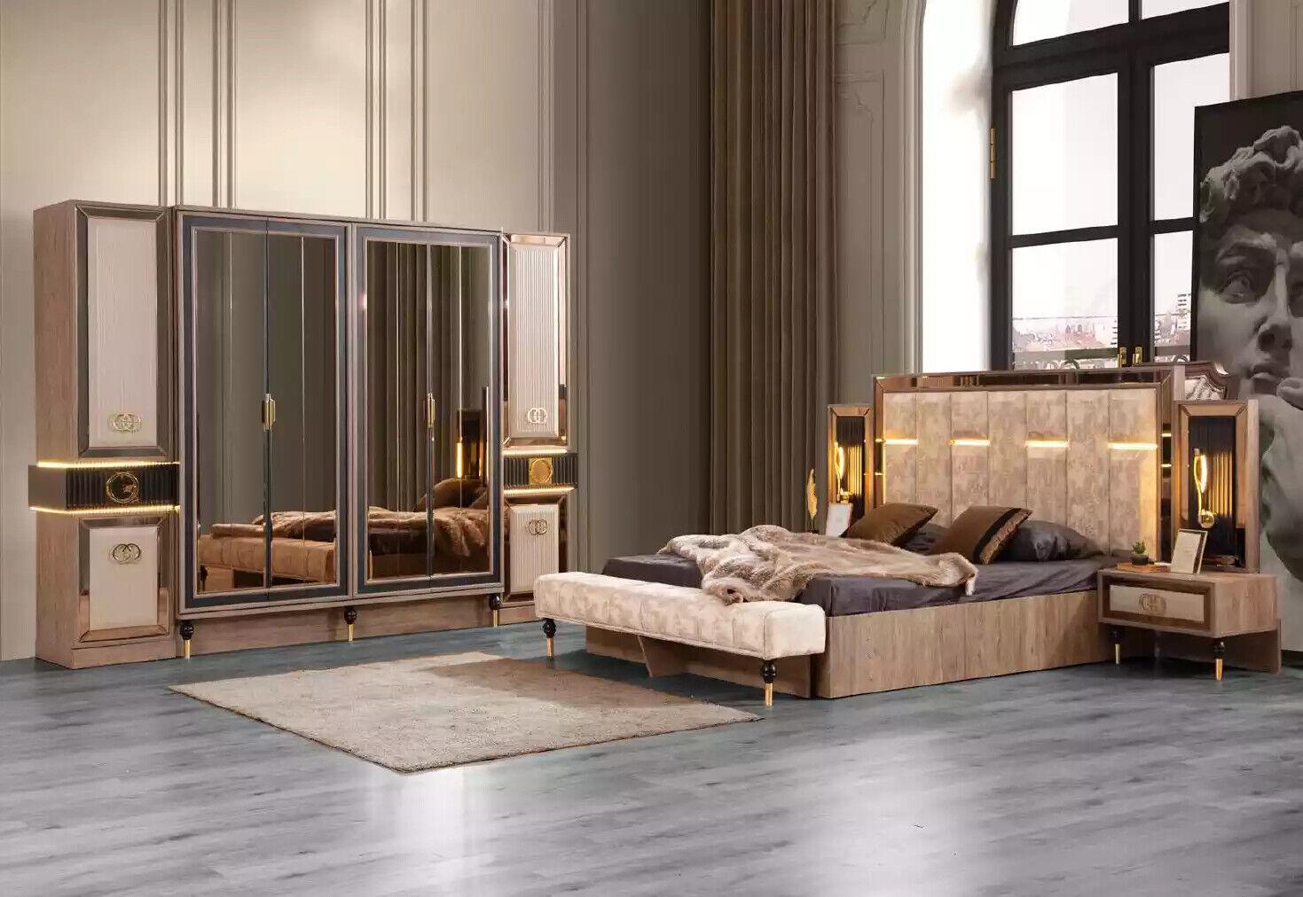 Komplette Schlafzimmermöbel Luxus Bett Set 6tlg Doppelbett Beige Stoff