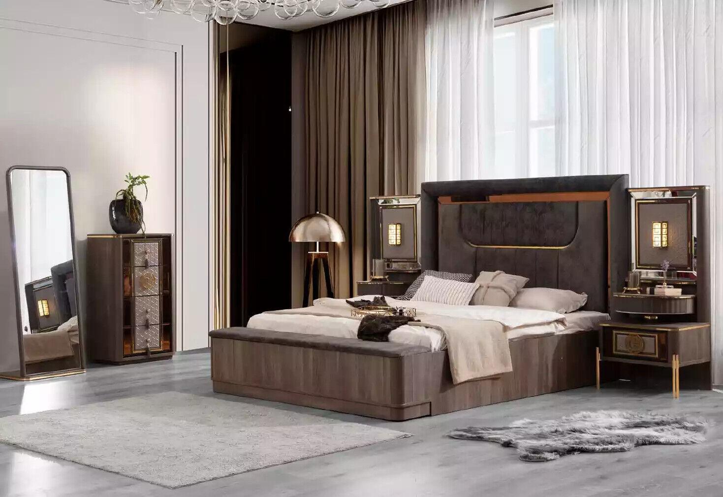 Grau Garnitur Doppelbett Set 6tlg Bett Schlafzimmer Stoff Kommode Neu