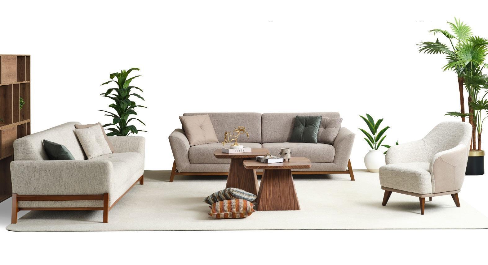 Couchgarnitur Dreisitzer Sessel Sofa Stoff Beige Stoffsofa Set 4tlg 3+3+1+1