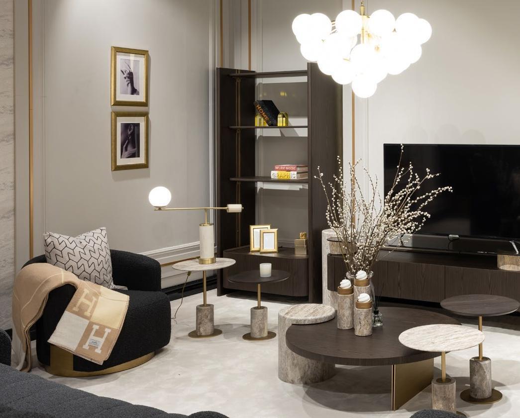 Großes Komplette Wohnzimmer Sessel Tische 7tlg Stoff Braun Holz Regale