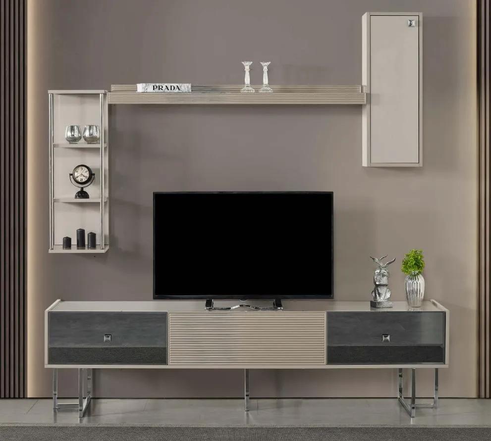 Wohnwand RTV Lowboard TV Ständer Schrank Holz Grau Regale Wohnzimmer