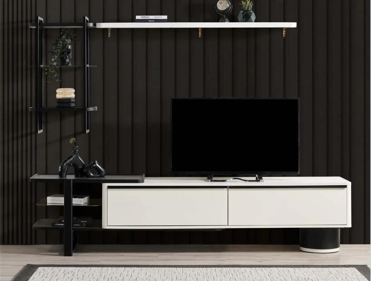 Wohnzimmer RTV Lowboard TV Ständer Schrank Holz Weiß Regale Wohnwand