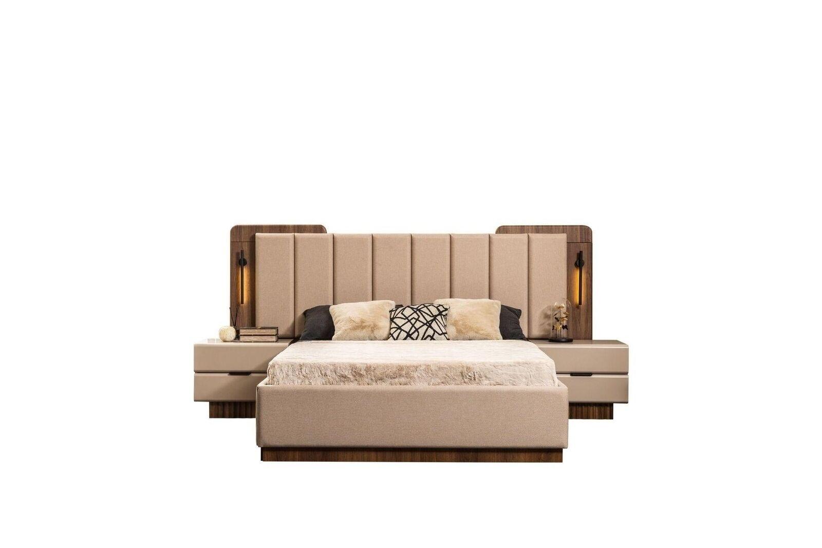 Komplette Schlafzimmer Doppelbett Bett Nachttische Beige Stoff 3tlg