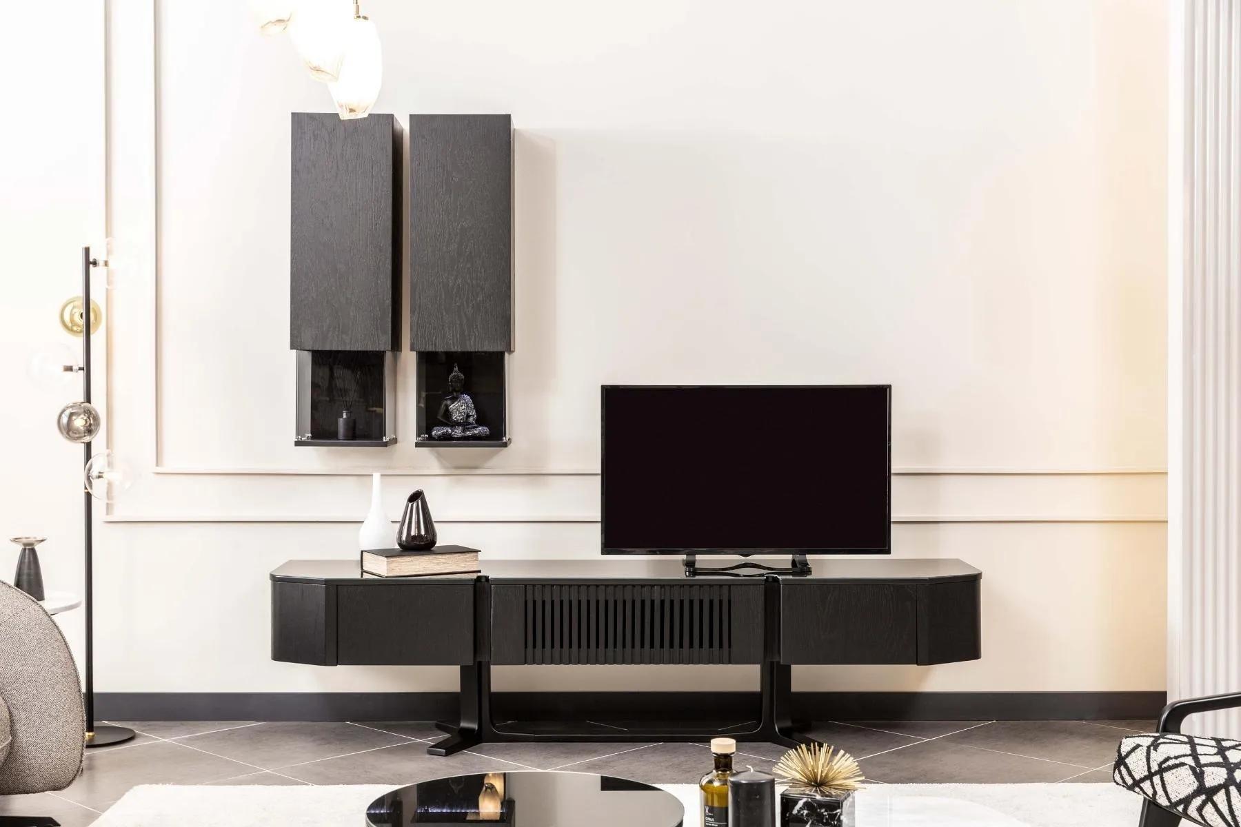 Schwarzes Wohnwand Set Designer Holz TV-Ständer Luxuriöse x2 Wandregale