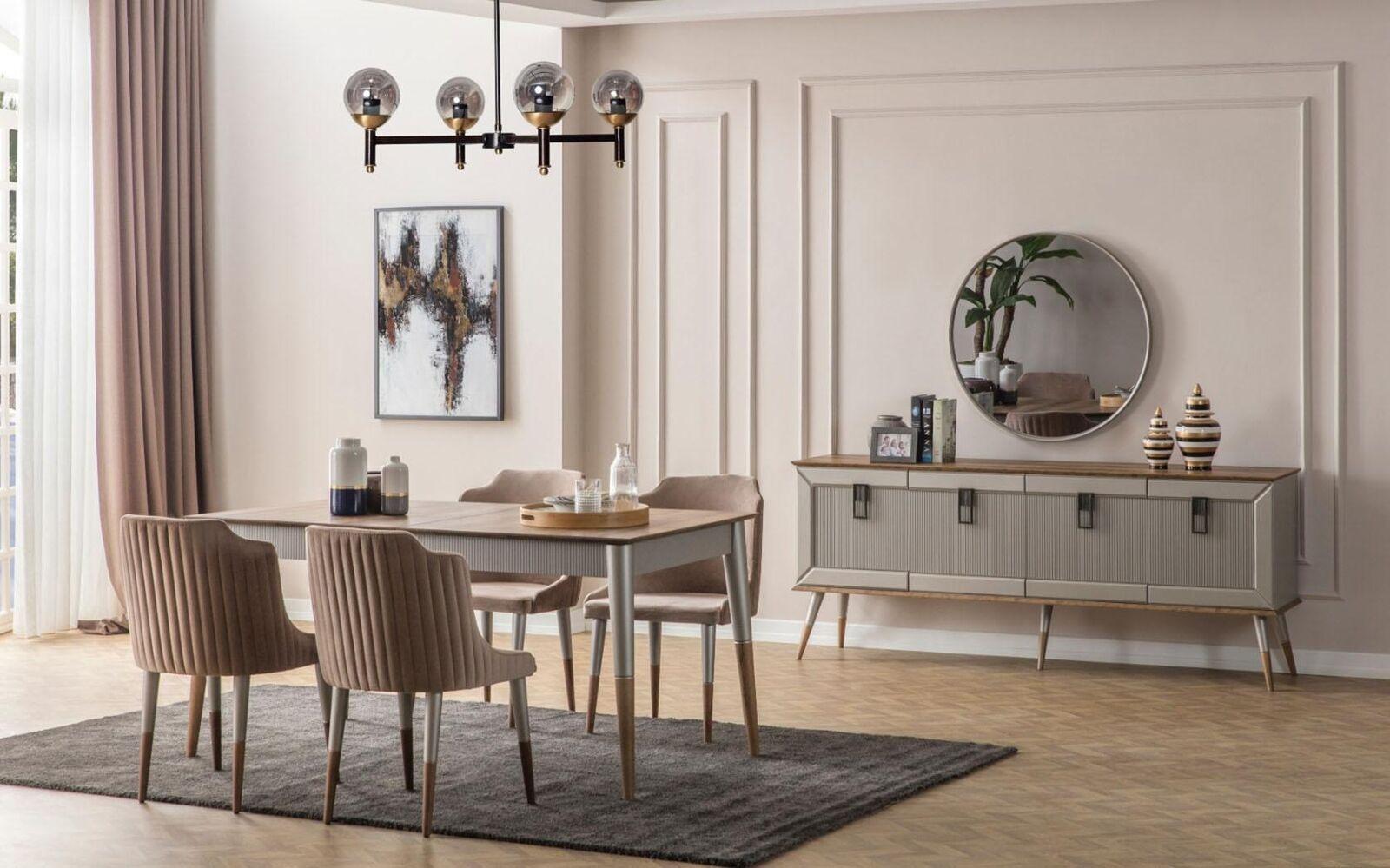 Beige Esszimmer Garnitur Rechteckiger Holz Tisch 6x Polsterstühle 7tlg