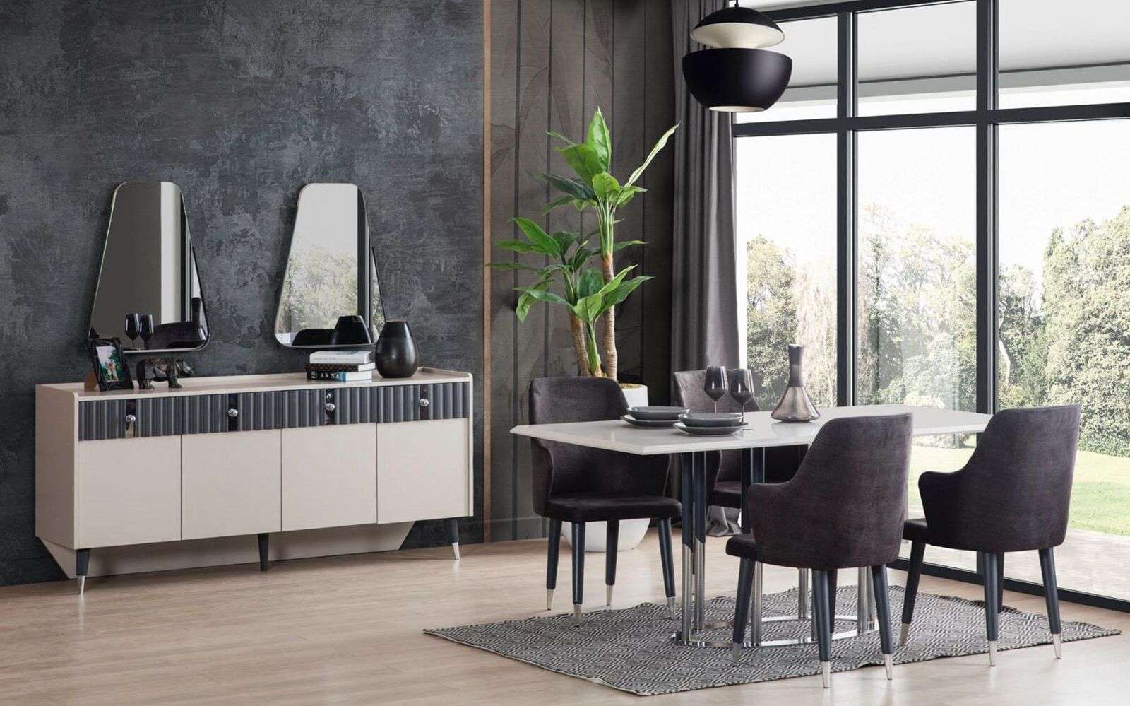 Moderne Essgruppe Rechteckiger Esstisch 6x Stühle Sideboard 2x Spiegel