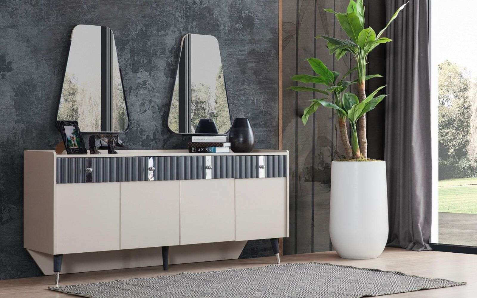 Komplette Garnitur Designer Beige Anrichte Sideobard 2x Spiegel 3tlg Set