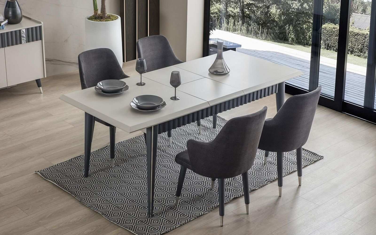 Designer Rechteckiger Weißer Esstisch 6x Graue Polster Stühle 7tlg. Set