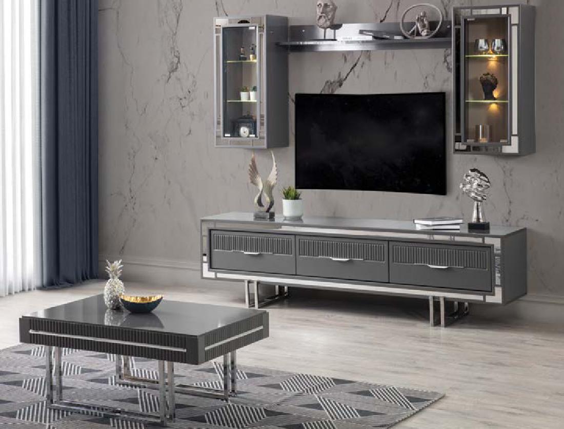 Wohnwand TV Ständer Schranke Couchtisch RTV Lowboard Grau Set 3tlg