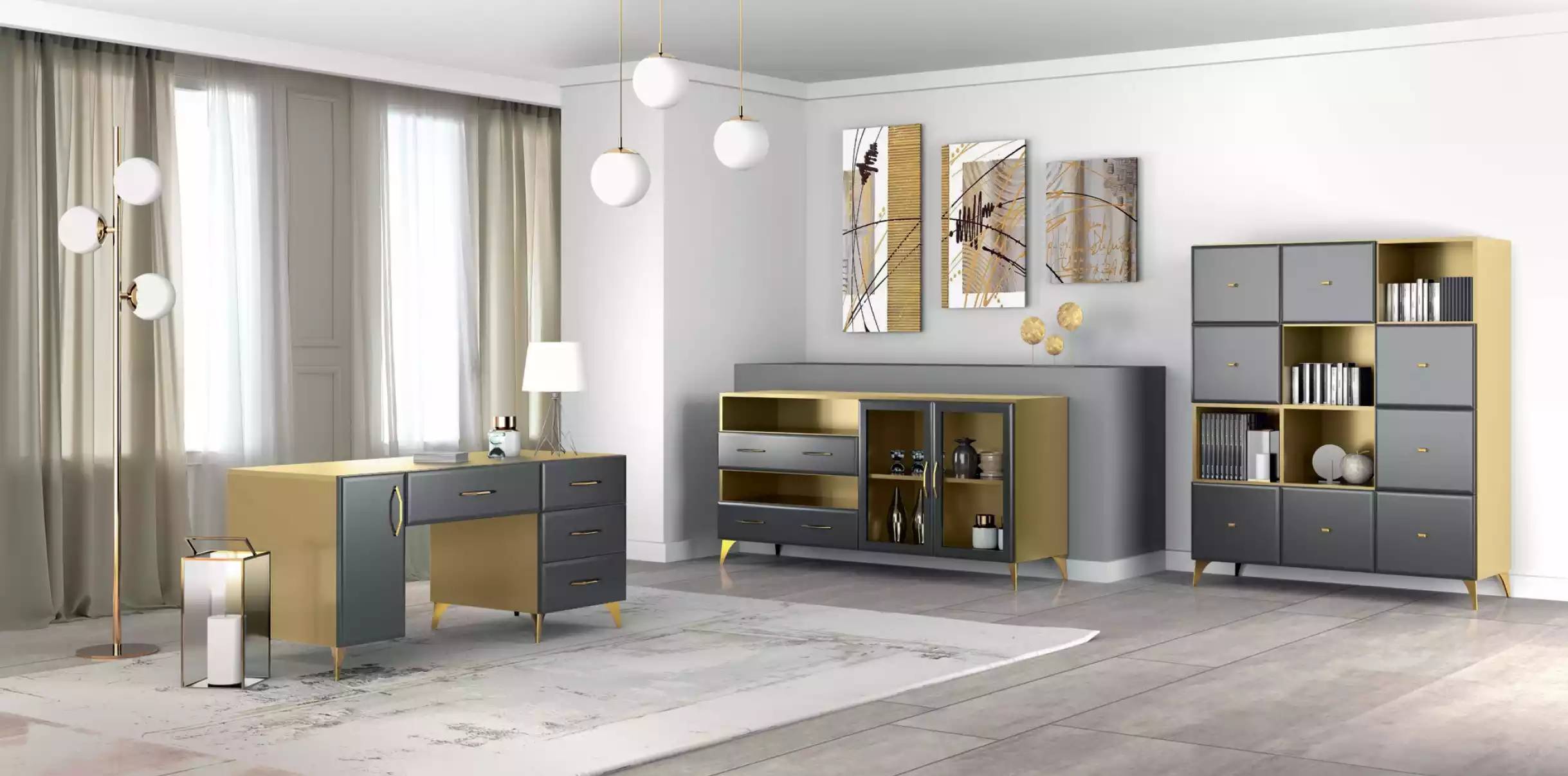 Wohnzimmer Set Schreibtisch Sideboard Bücherregal 3tlg. Tisch Möbel Holz