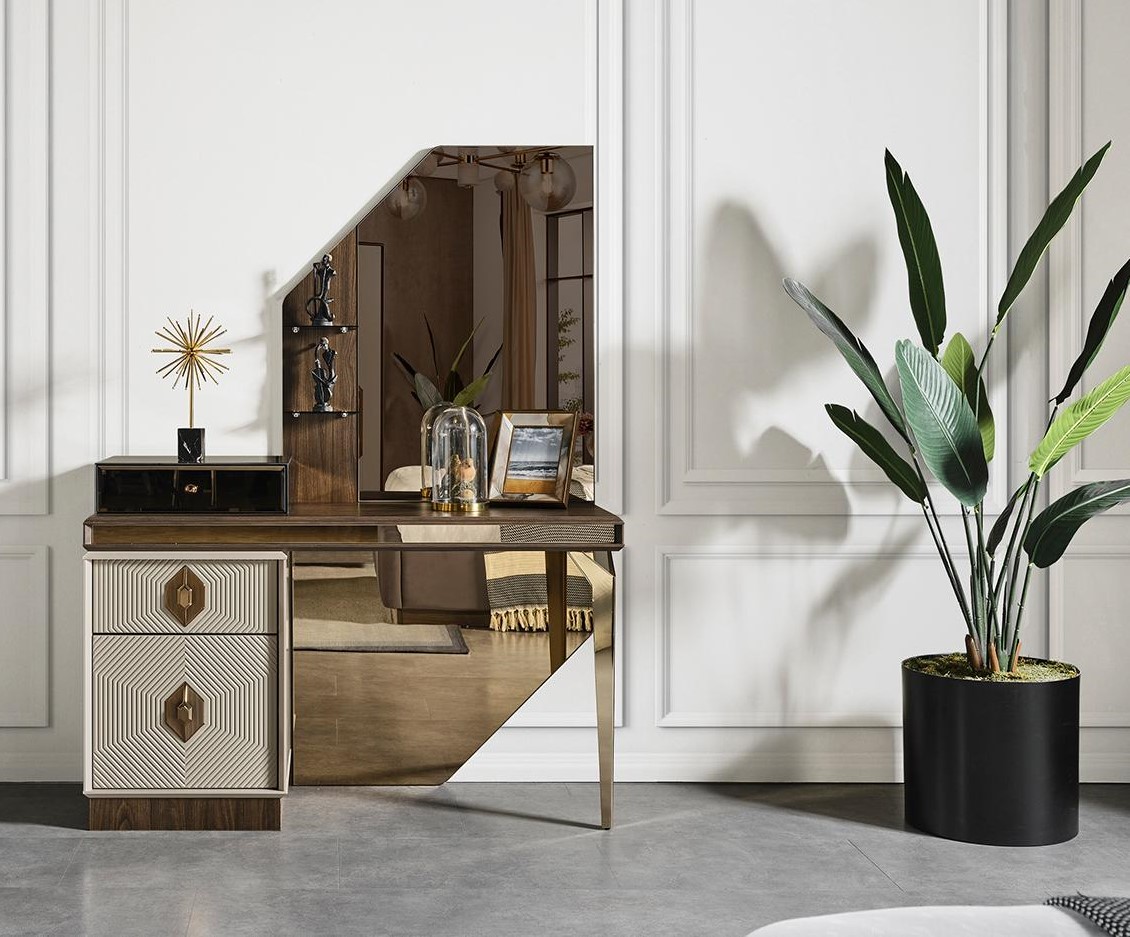 Weiß-Brauner Schminktisch Designer Spiegel Schlafzimmer Möbel 2tlg Set