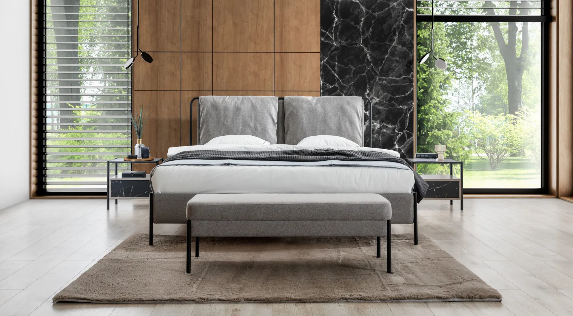 Exklusives Schlafzimmer Doppelbett Metallgestell Bank Luxus Möbel