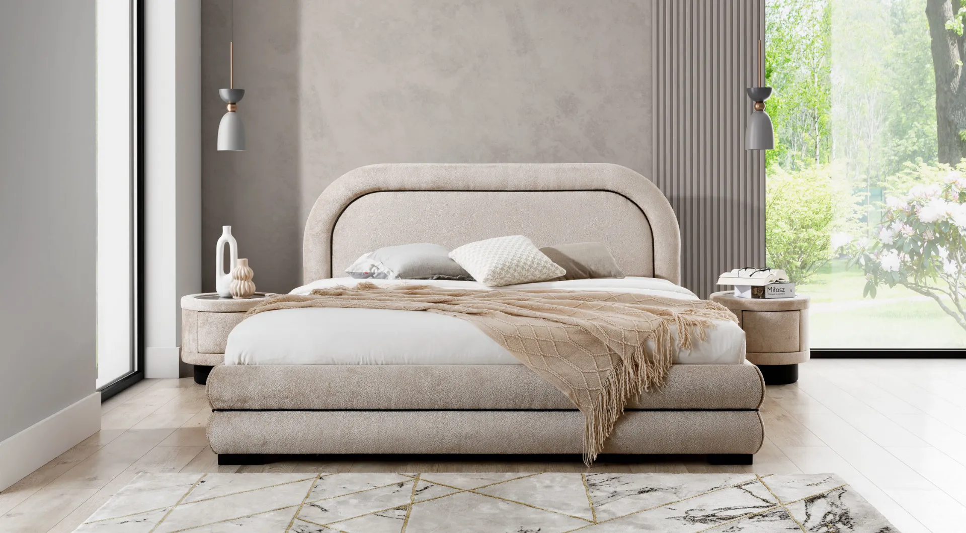 Schlafzimmer Garnitur Designer Beiges Doppelbett 2x Textil Nachttische