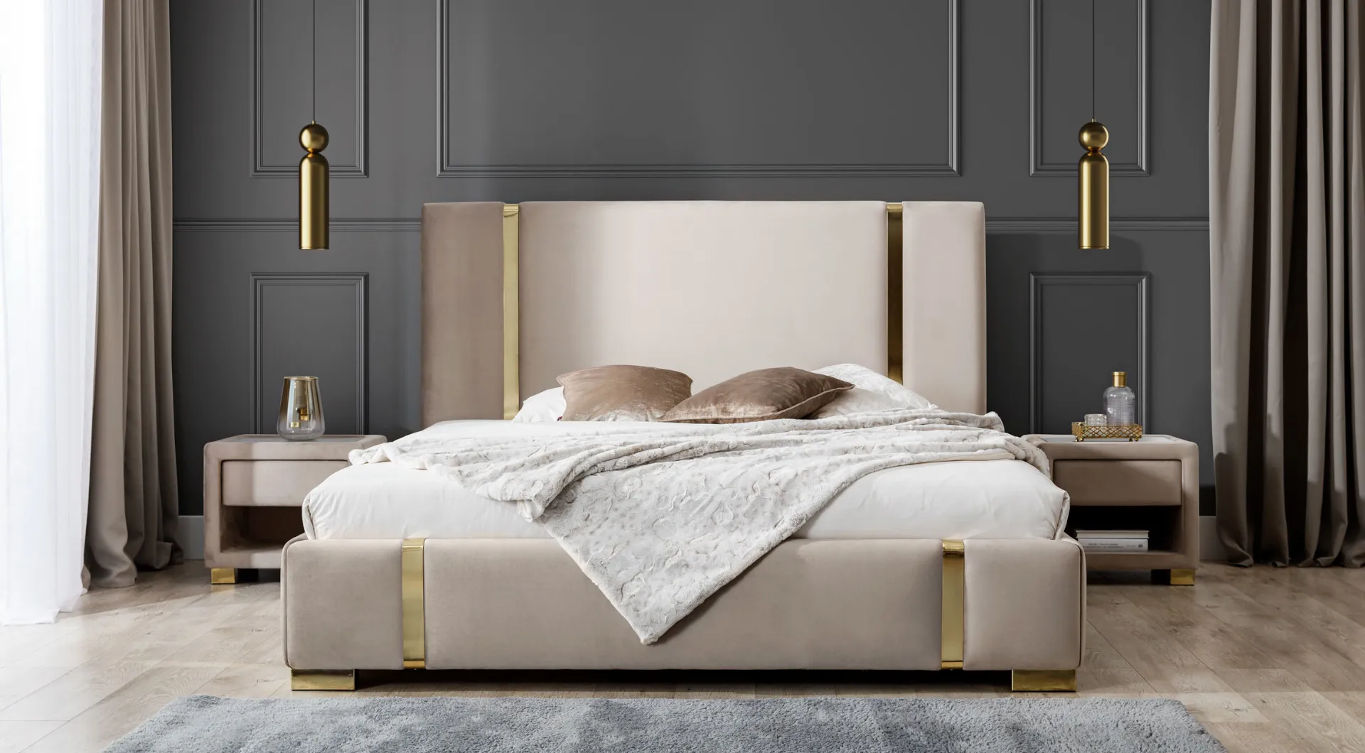 Komplette Schlafzimmer Garnitur Edelstahl Doppelbett Nachttische