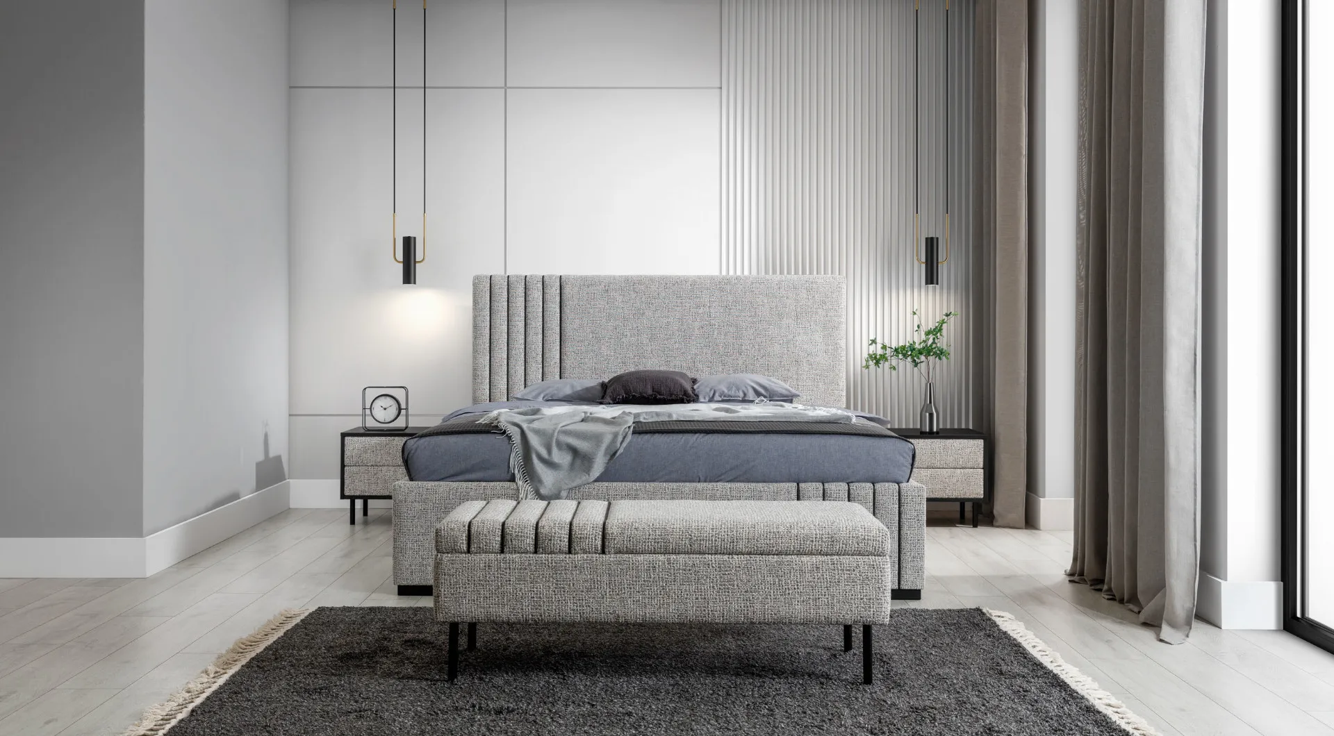 Hellgraue Schlafzimmer Möbel Designer Textilbett 2x Nachttische Bank