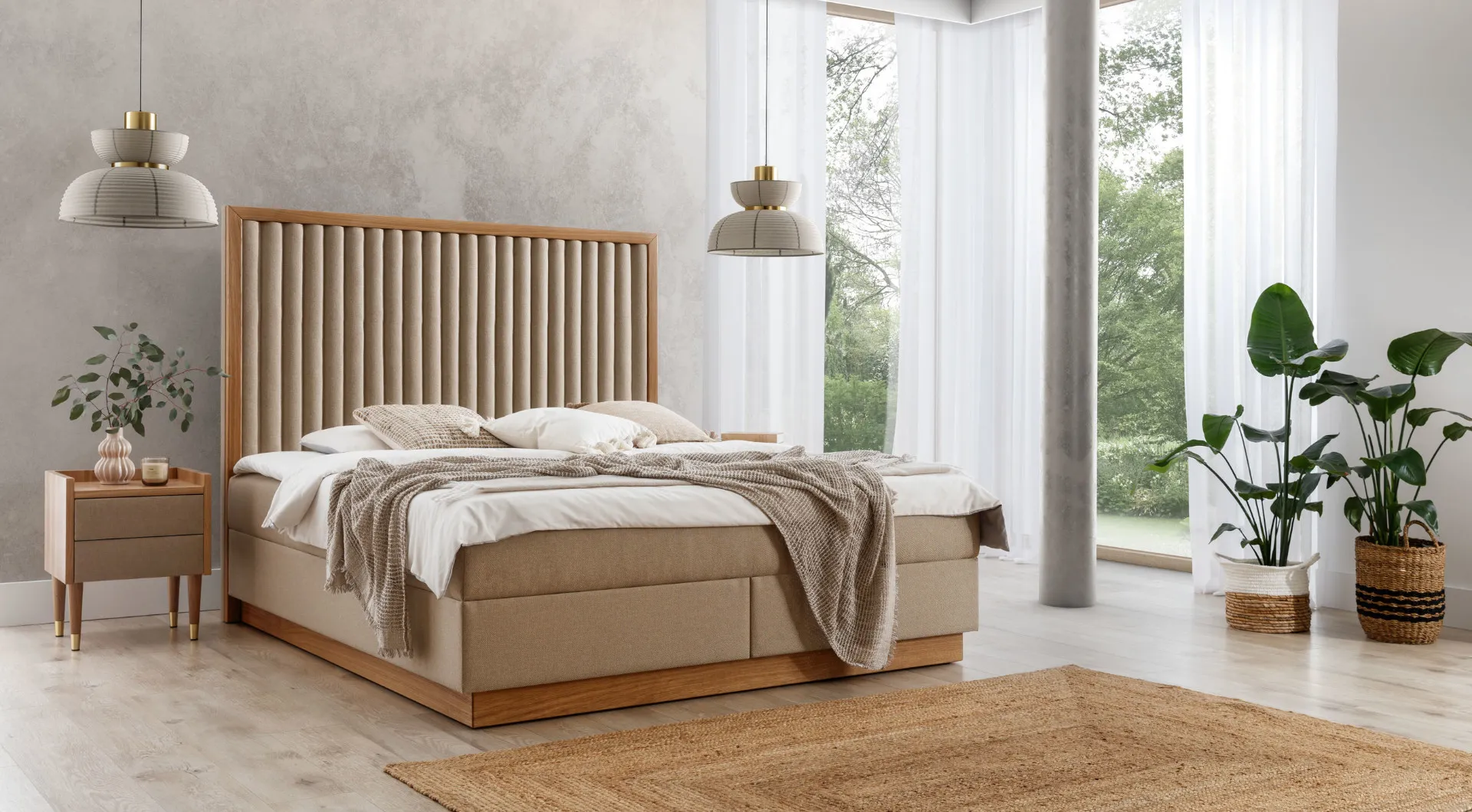 Beiges Schlafzimmer Doppelbett 2x Luxus Nachttische Edle Möbel 3tlg