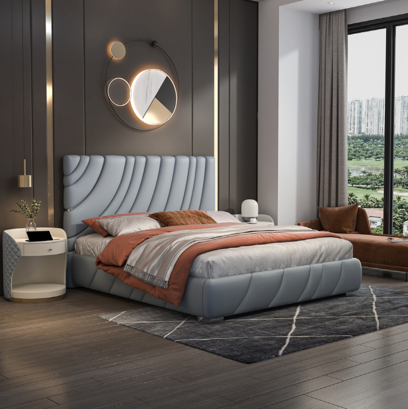 Graues Kunstleder Doppelbett Modernes Edelstahlbett Luxus Holzgestell