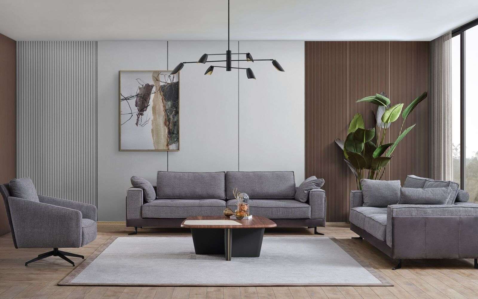 Graue Wohnzimmer Polstergarnitur Viersitzer Dreisitzer Textil Sessel