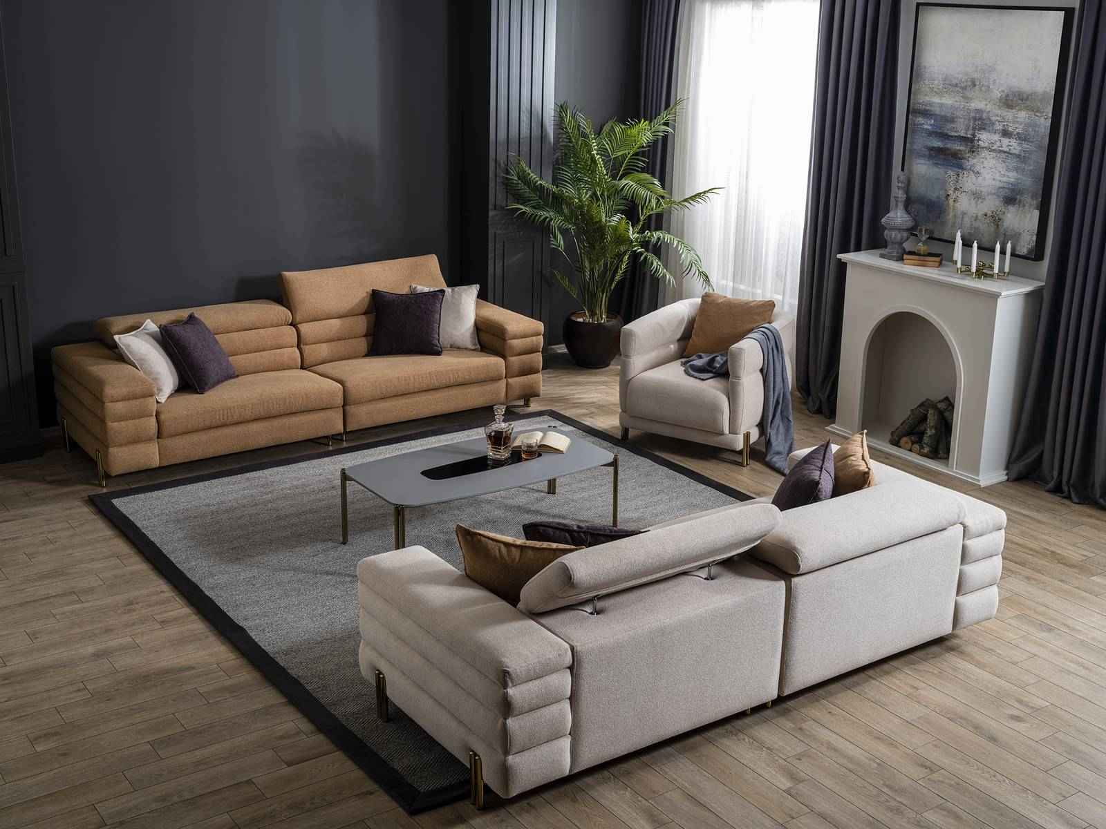 Braun-Beiges Wohnzimmer Couchgarnitur Designer 4+3+1 Sitzer Polstermöbel