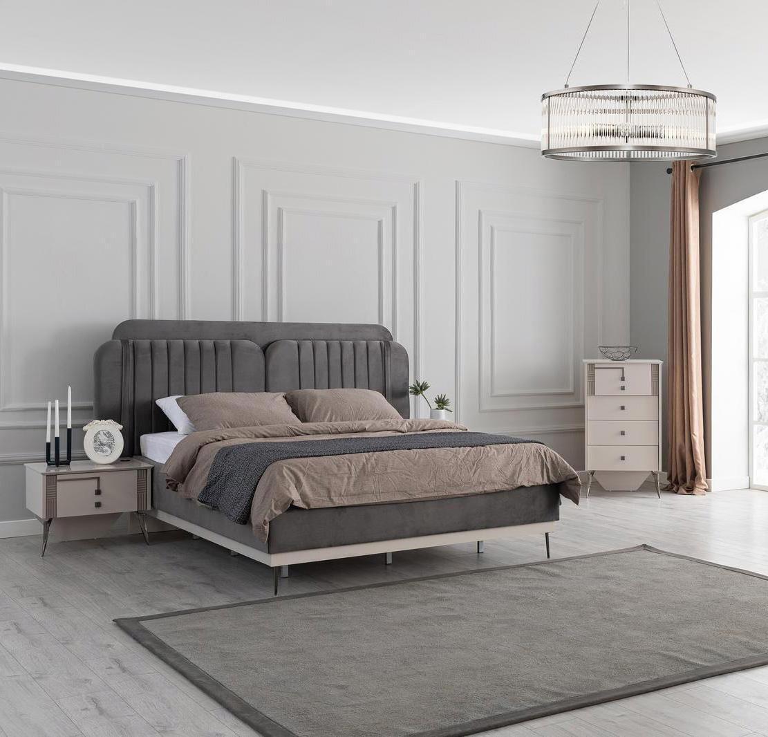 Schlafzimmer Modernes Set Graues Doppelbett 2x Design Nachttische 3tlg