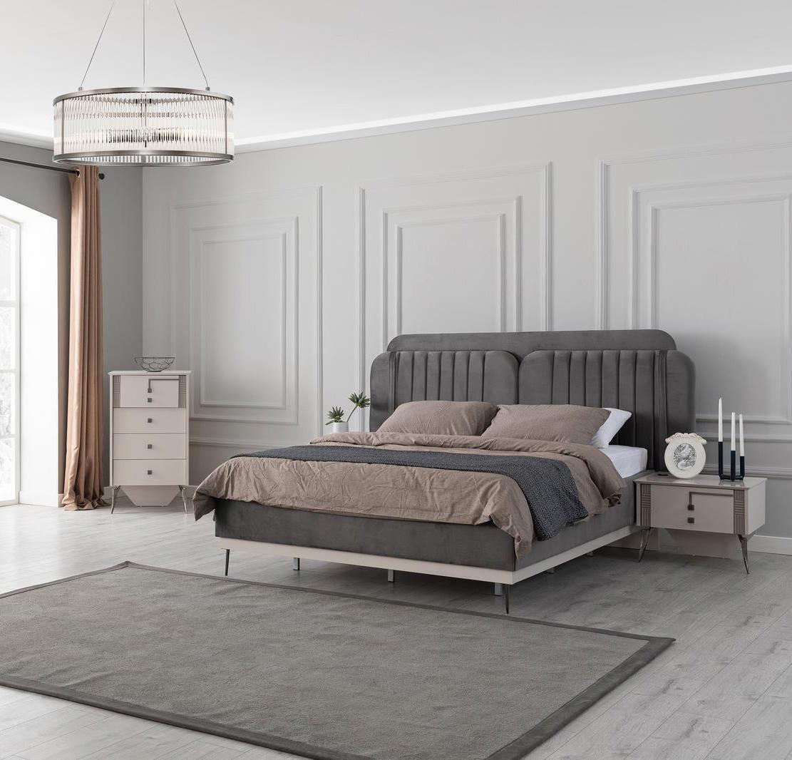 Graue Schlafzimmer Einrichtung Designer Textilbett 2x Holz Nachttische