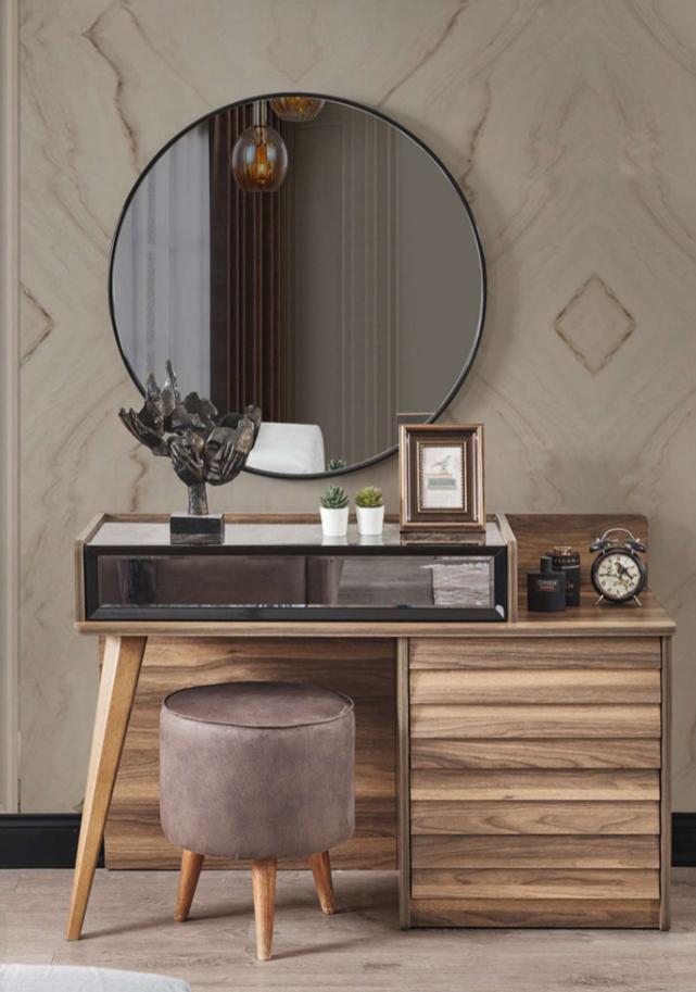 Brauner Holz Schminktisch mit Rundspiegel Designer Schlafzimmer 2tlg Set Konsole
