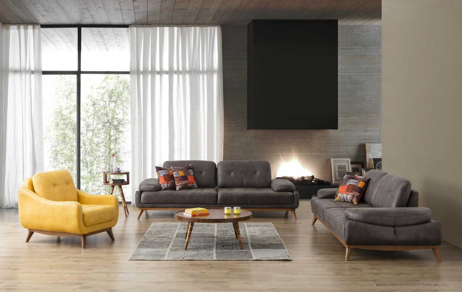 Grau-Gelbe Sofagarnitur 3+3+1 Sitzer Luxus Polstermöbel Wohnzimmer Set