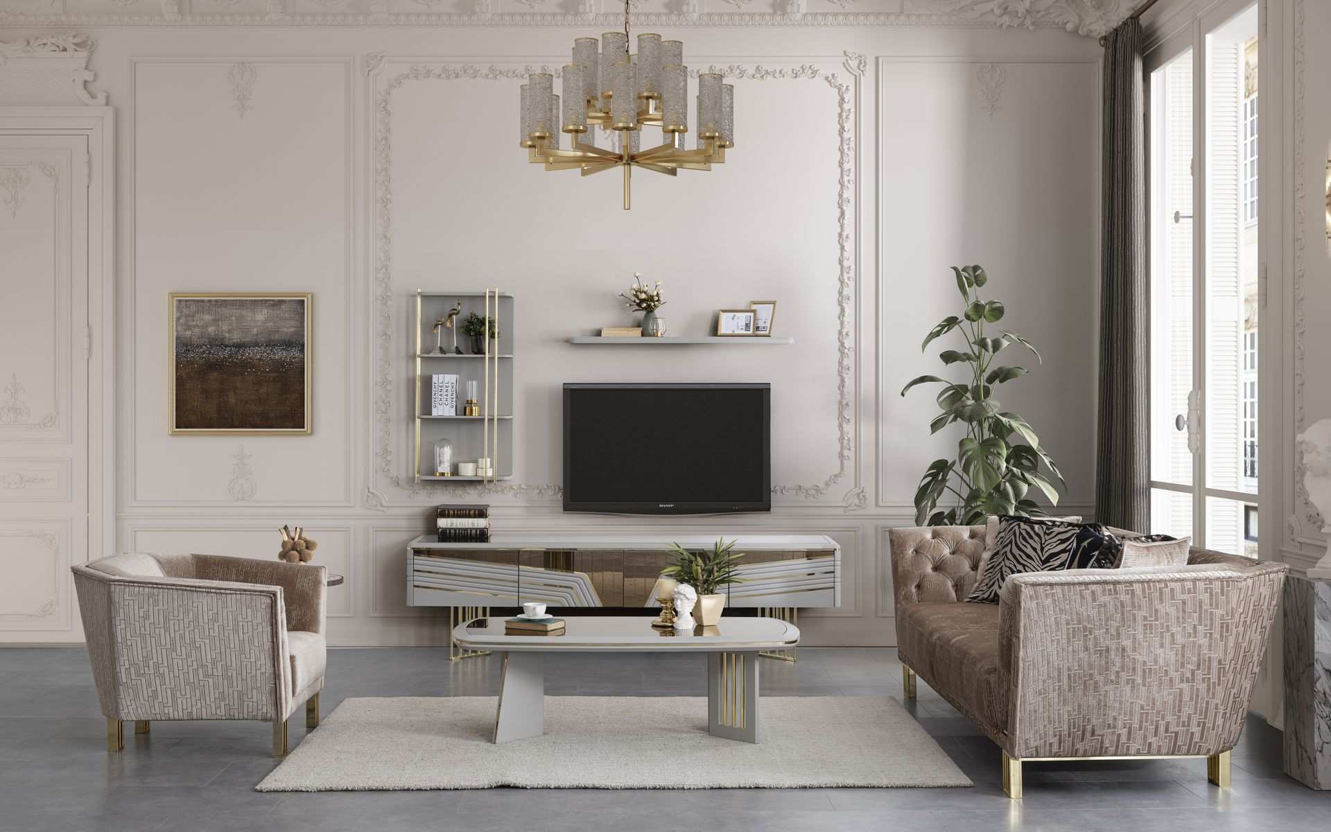 Moderne Graue Wohnzimmer Garnitur Luxus TV-Schrank Wandschränke Regale