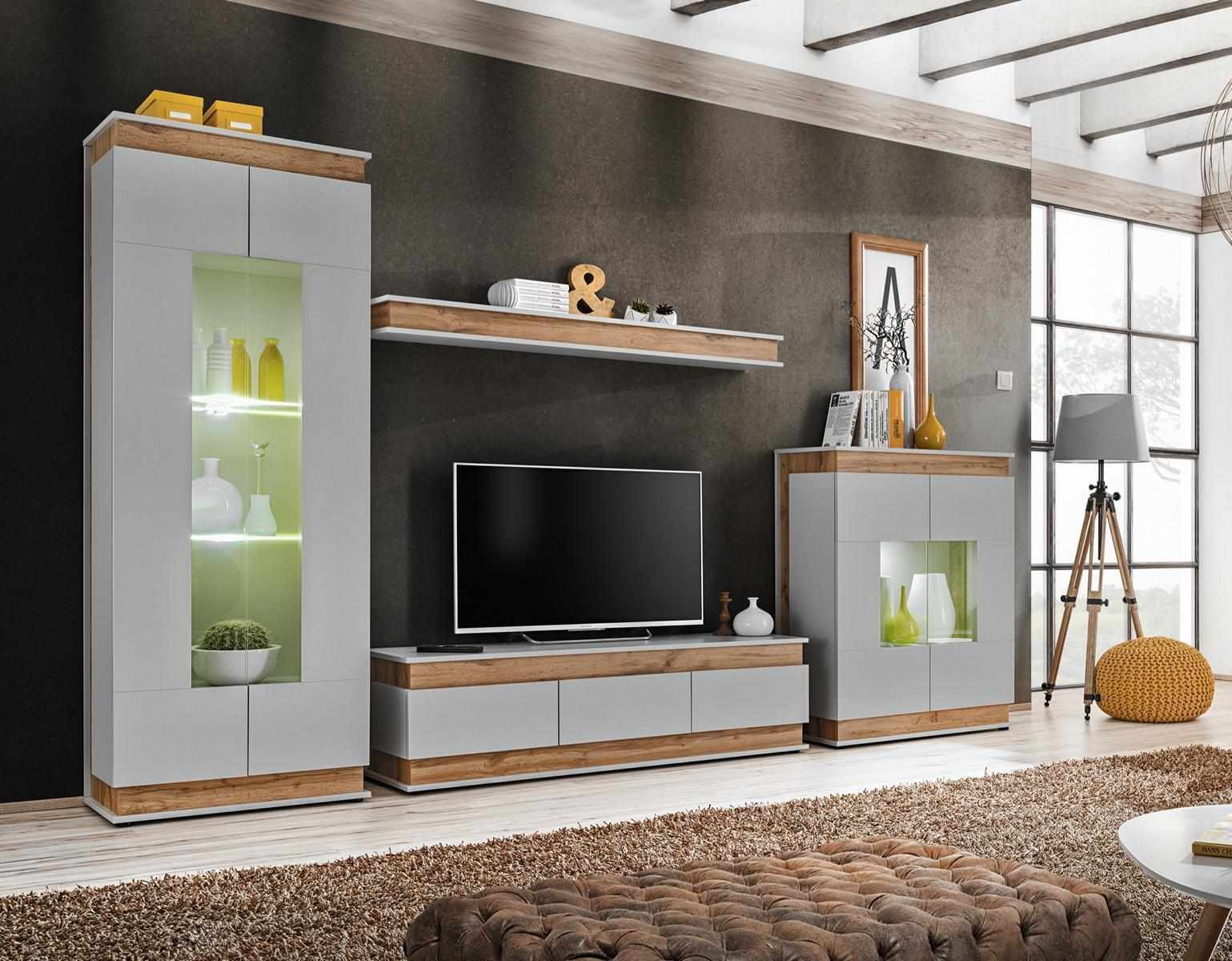 Luxus Modern Wohnzimmer Set 4tlg. Wohnwand Vitrine Regal Holz Möbe Neu