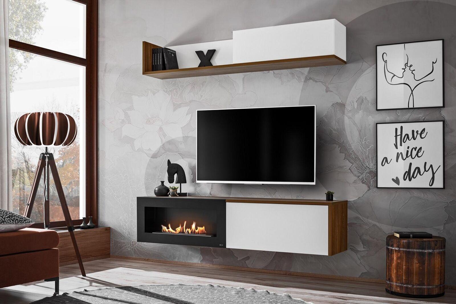 Wohnzimmer TV Ständer mit Kamin Wohnwand Wandregal Holz Möbel Neu