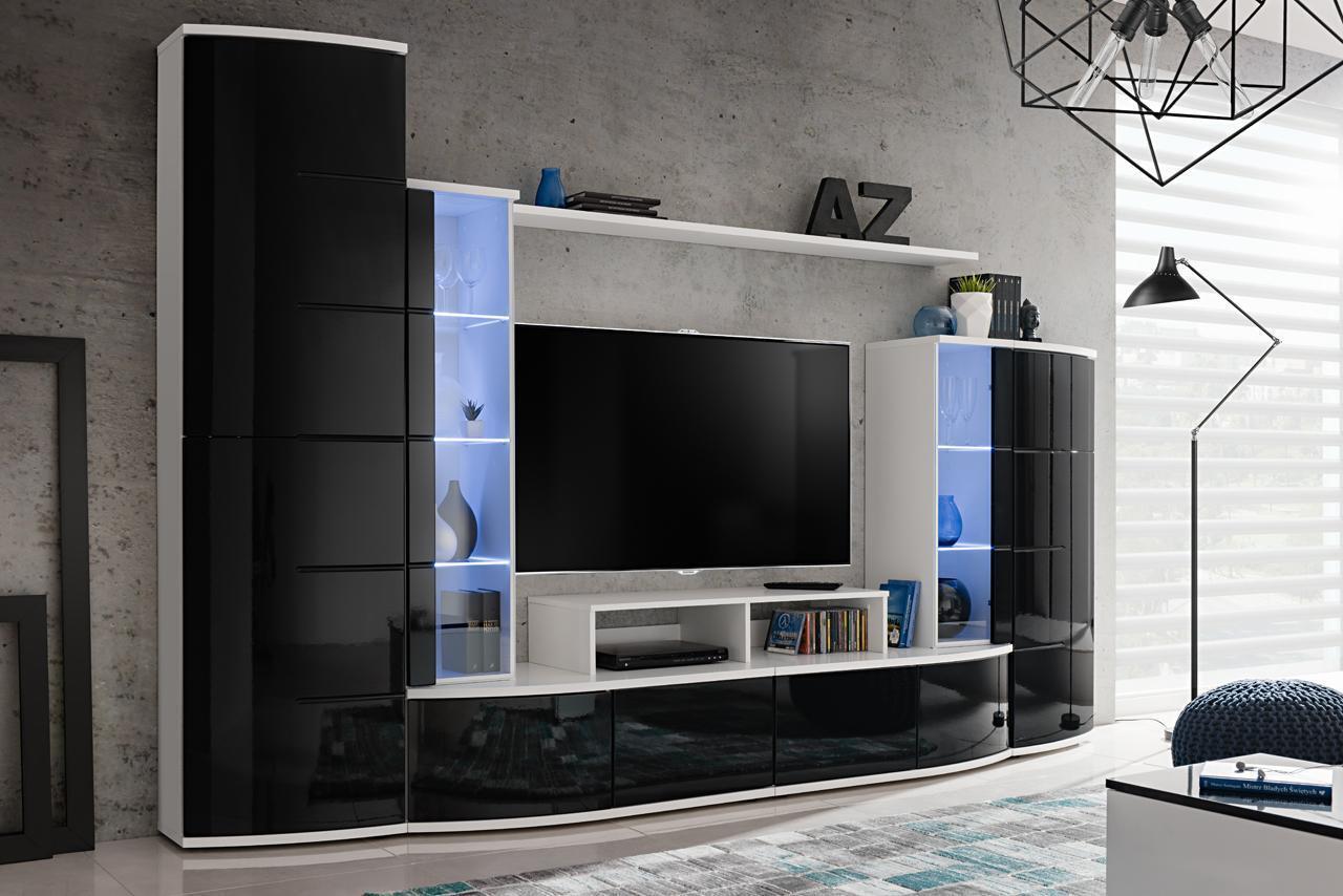 Schwarz Wohnwand Wohnzimmer Luxus Set Vitrine TV Ständer Holz Möbel Neu