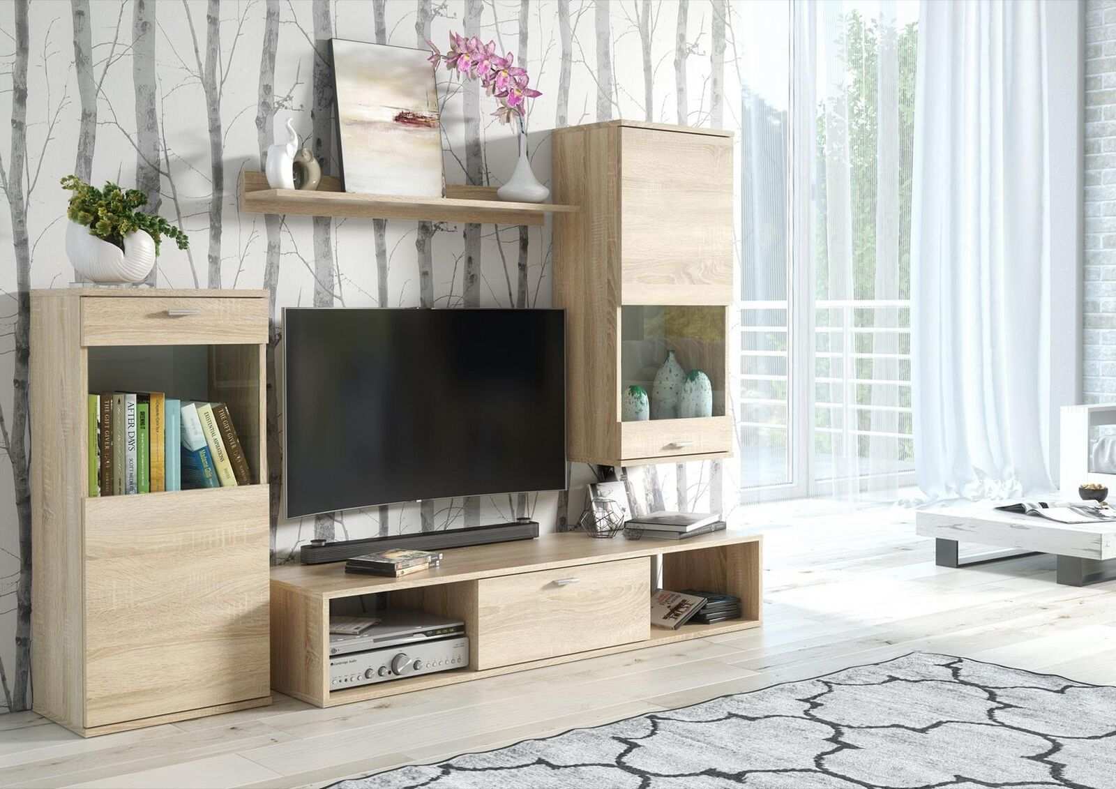 Wohnwand Modern Vitrine TV-Ständer Wohnzimmer Wand Regale Neu