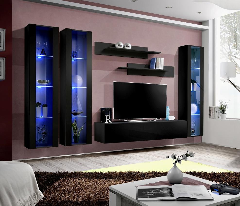 Schwarz Wohnwand Hänge Vitrine Set 6 tlg Wohnzimmer Garnitur Modern Holzmöbel