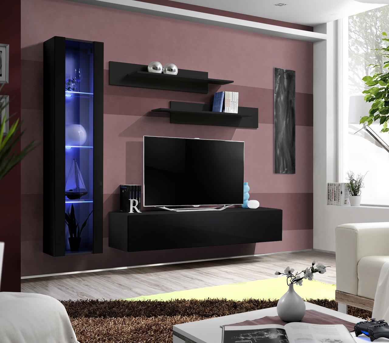 Wohnzimmermöbel Schwarz Komplett Set Wohnwand Designer Hänge Vitrine Möbel