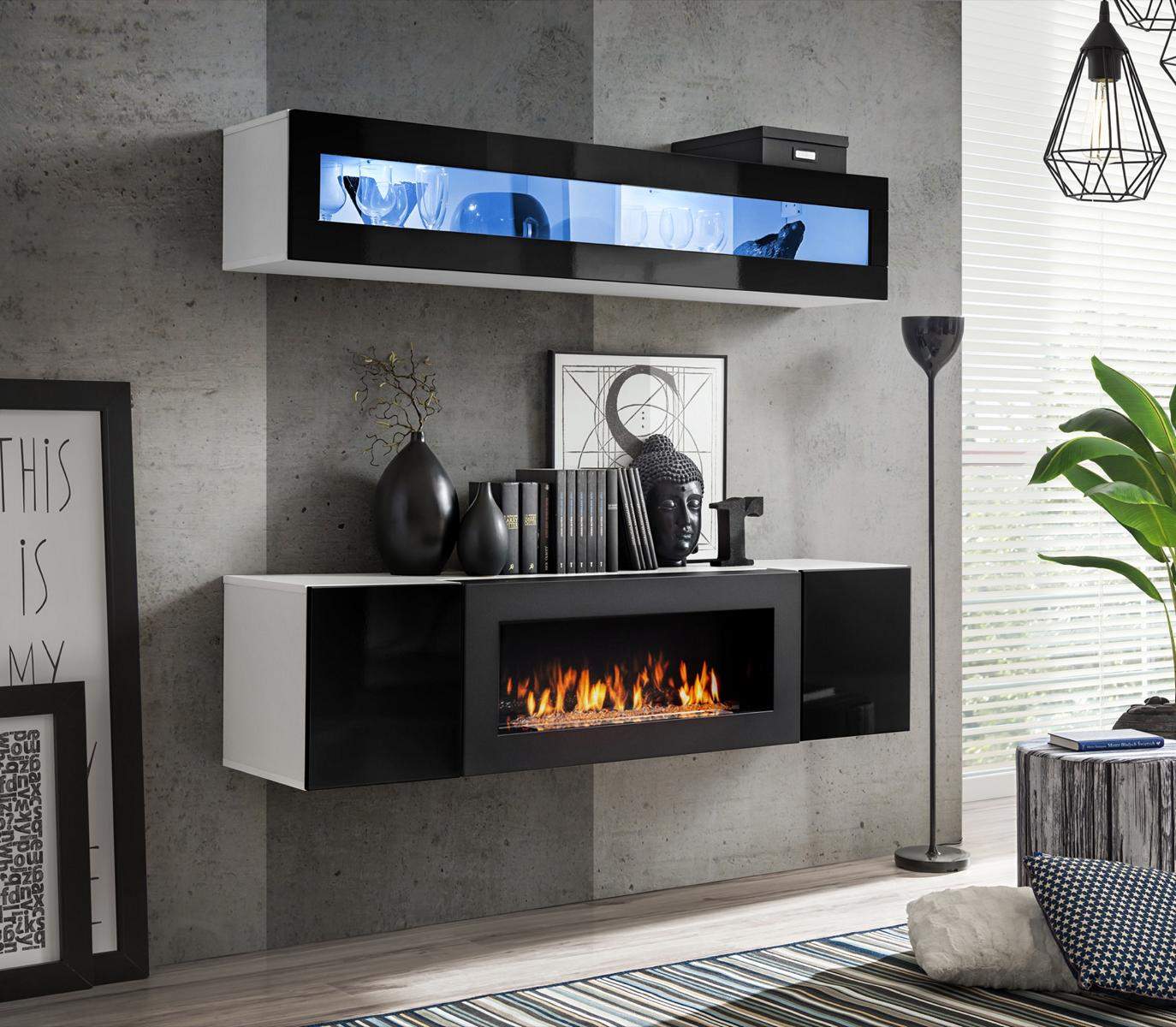 Schwarz Hänge Schrank Holzmöbel Hochglanz Sideboard Designer Komplett Wohnwand