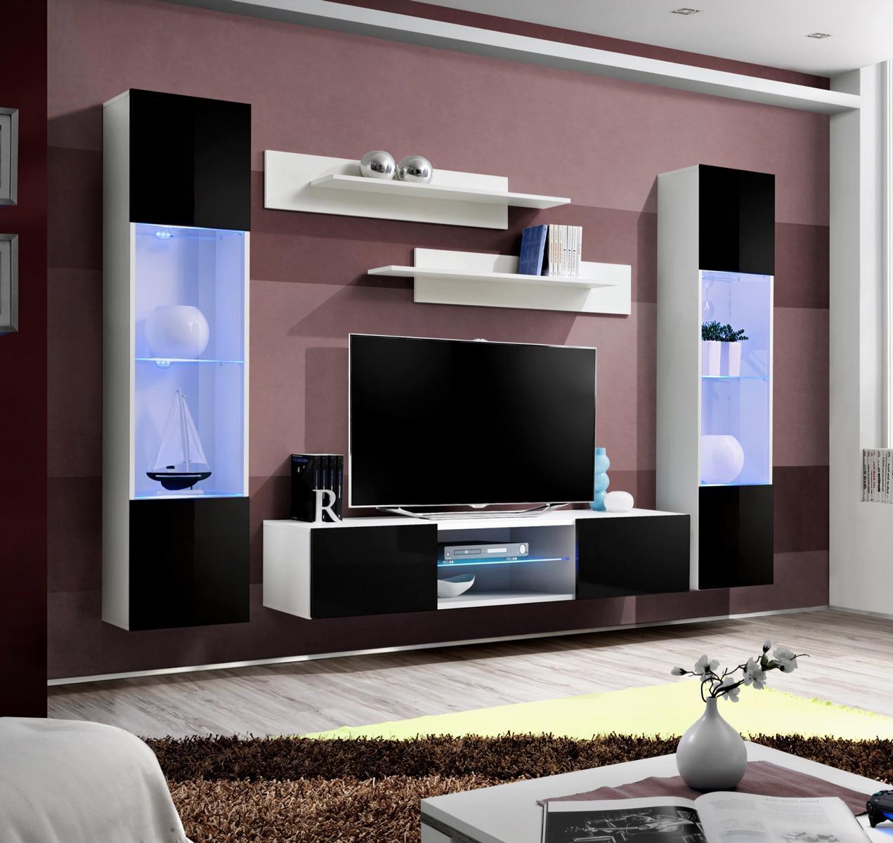 Komplett Wohnwand TV-Ständer Hänge Vitrine Luxus Wand Regal Hochglanz Wohnzimmer